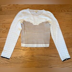 Anthropologie Maeve Pointelle Crop Sweater M Ivory Stripe